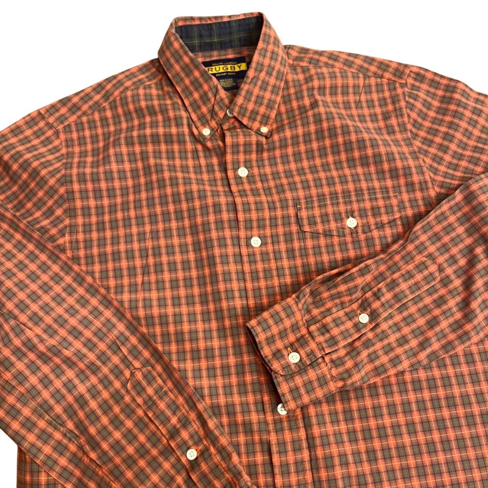 Ralph Lauren Rugby University Button Down Shirt Mens M Orange Plaid Long Sleeve - Picture 5 of 12
